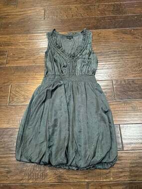 Countess Silk-Like Sage Green Bubble‎ Hem Mini Dress with Beaded Neckline